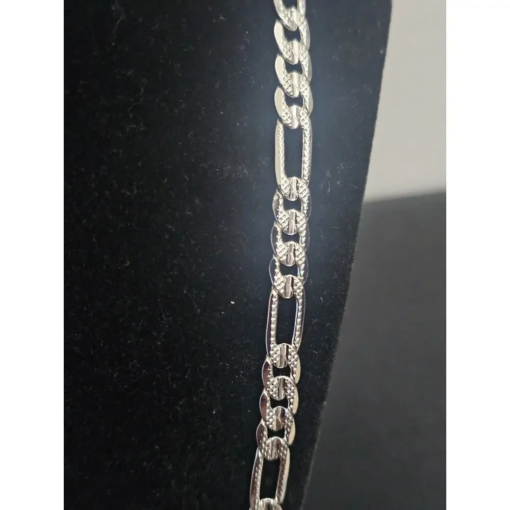 24in 925.Sterling Silver Plated brass-6.2mm frosted Figaro Chain w/Lobster Clasp